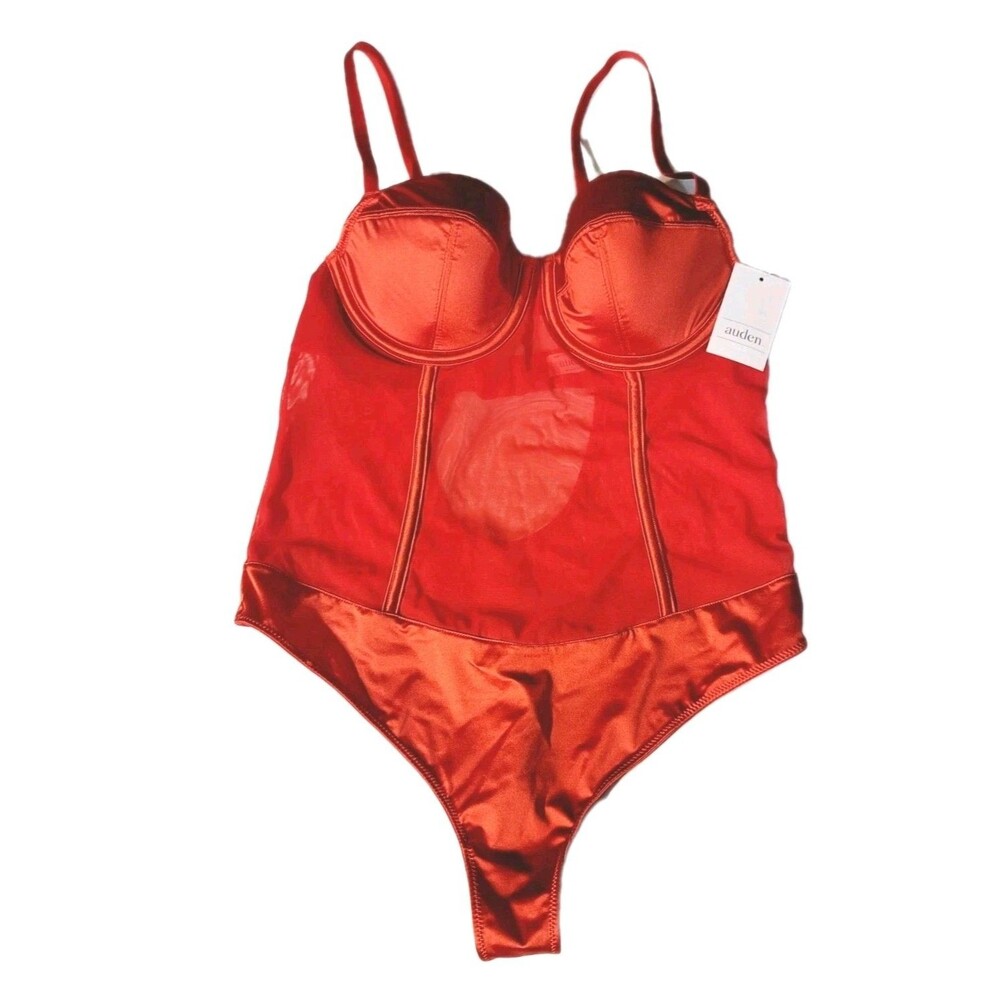Auden Size S Red Satin Mesh Keyhole Lingerie Bodysuit Underwire Thong Lined Cups - Picture 4 of 9